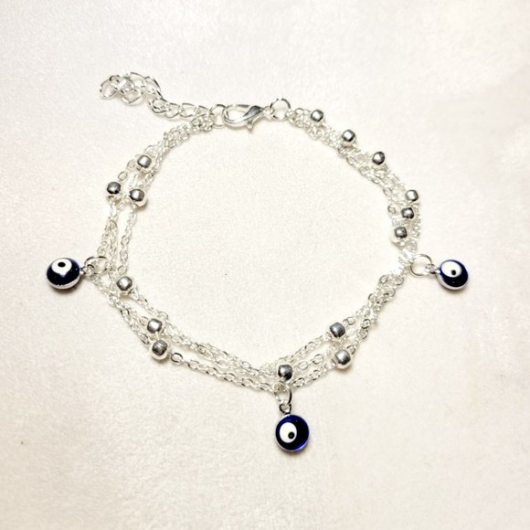 👁💙👁Sterling Silver  3 Chain Delicate Multi-Layer Evil Eye Bracelet🧿Or Anklet - Picture 1 of 4
